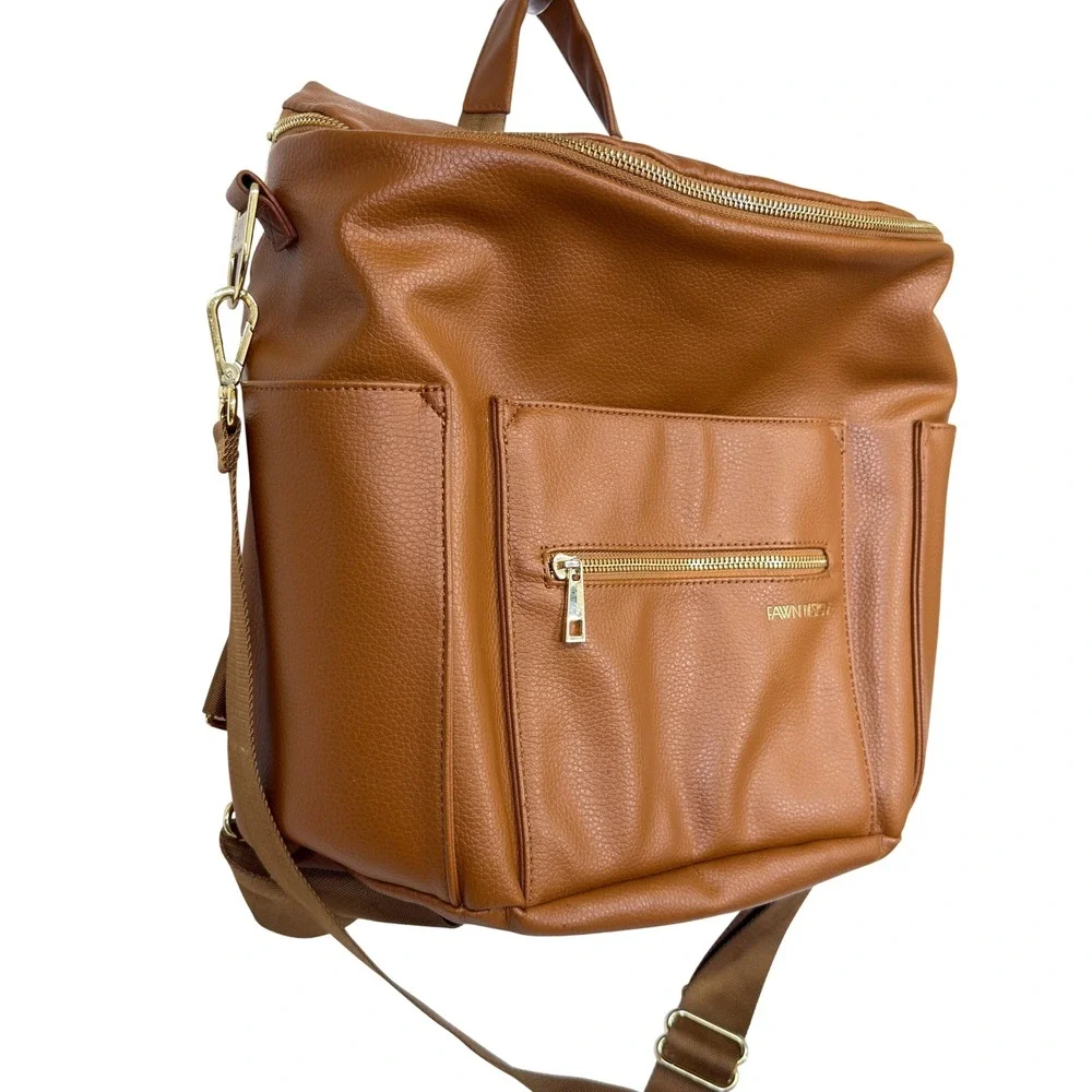Fawn Design Large Diaper Bag‎ Backpack Cognac Vegan Leather Convertible